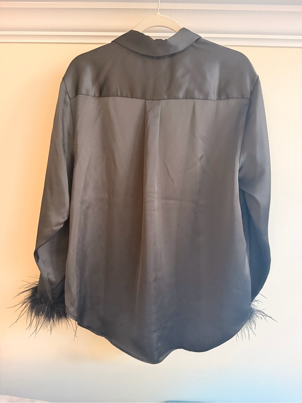 Rachel Zoe Black Satin Button-Front Top with Feather Cuffs - Picture 3 of 5